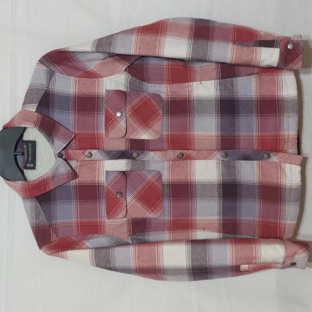 FREE COUNTRY PINK‎ CABIN PLAID SNAP BUTTONS SHERPA SHACKET WOMENS MEDIUM
